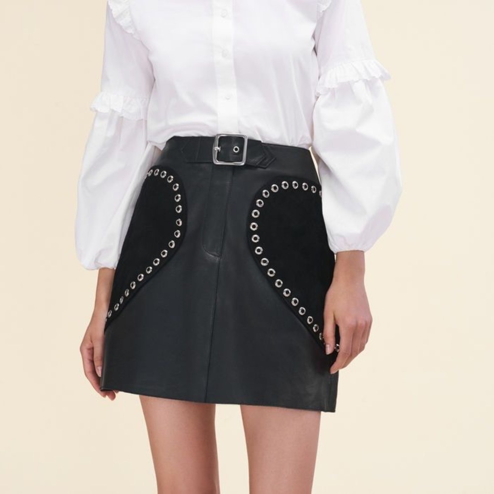 Maje Janki Leather and Suede Black Trapeze Mini Skirt size 40